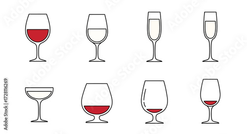 Elegant wine glass vector illustration showcasing different shapes and beverage types for
