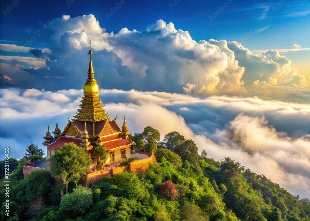 Fototapeta premium Ancient temple perched on mountain peak with clouds drifting lazily across blue sky at afternoon