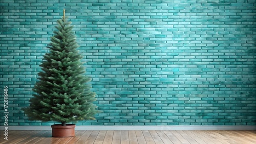 A tall green christmas tree stands in a pot against a textured teal brick wall