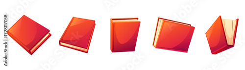 A set of red books, in various positions, open and closed. A bookshelf, a paper notebook, a journal, a diary, a textbook. Concept for World Book Day, a school, a university, a bookstore, a library.
