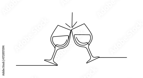 Minimalist continuous line drawing of clinking wine glasses conveys celebration spirit