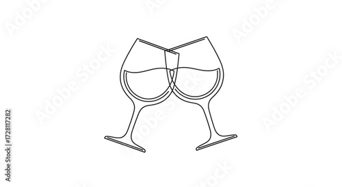Minimalist line art illustration of two wine glasses toasting on plain white background