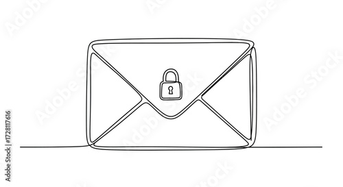 Minimalistic line art depicting secure email communication through encryption lock system