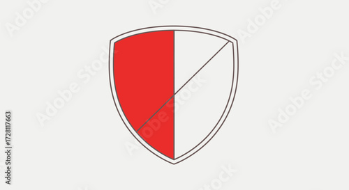 Modern heraldic shield design split diagonally with bold red and white colors with outline