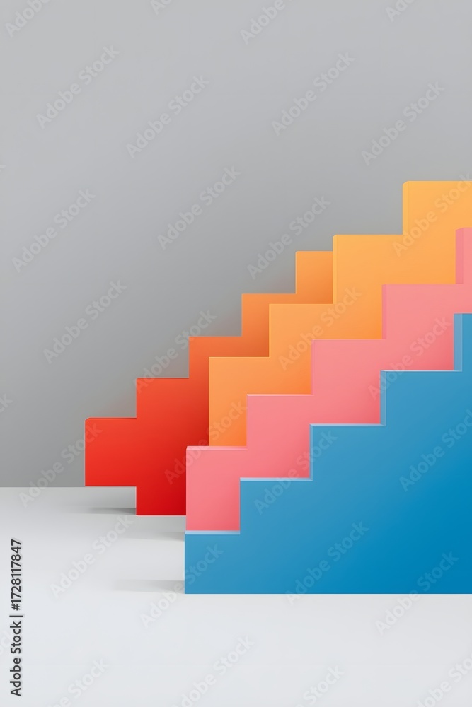 Fototapeta premium Colorful 3D bar chart with gradient blocks arranged in ascending order on a neutral background, symbolizing business growth, statistics, and analytics for modern presentations and data-driven wallpape