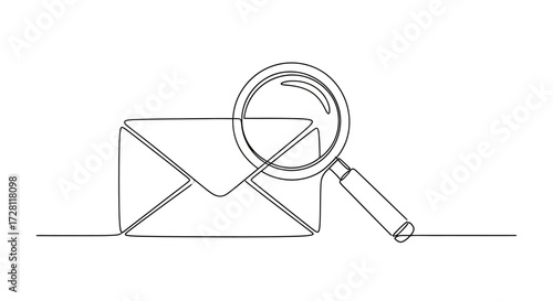 Single line art drawing of envelope and magnifier glass depicting mail security scanning