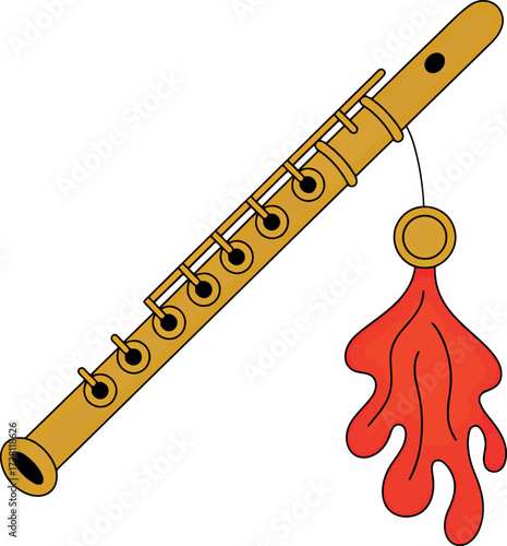 Golden flute with red tassel classical music instrument illustration vector