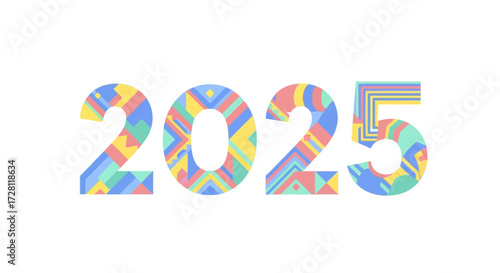 Vibrant kaleidoscopic patterned number 2025 isolated on pure white background design