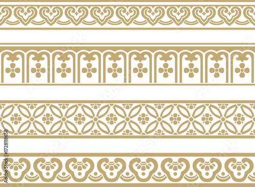 Vector golden set of seamless Chinese borders. Endless ornaments of oriental peoples, korea, taiwan, china, hong kong, indonesia