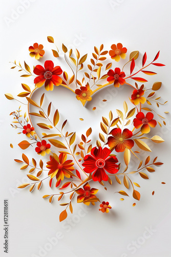 A romantic heart illustration featuring intricate floral designs and elegant gold foil elements. Perfect for wedding invitations, love cards, and romantic themed projects. Valentines day card