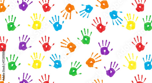 A vibrant and playful collection of colorful handprints in various hues scattered across a seamless pattern isolated on transparent background