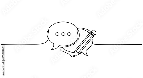 Continuous line art featuring communication bubbles and a pencil, symbolizing creative writing