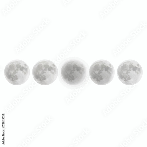 Five Lunar Moons Celestial Phases Astronomy White Background