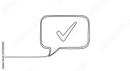Continuous line drawing of a speech bubble with a check mark symbolizing agreement