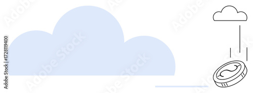 Blue cloud with a digital coin dropping into it, symbolizing cloud storage, cryptocurrency, savings, investment, virtual wallets, online banking, and data security. Simple flat metaphor
