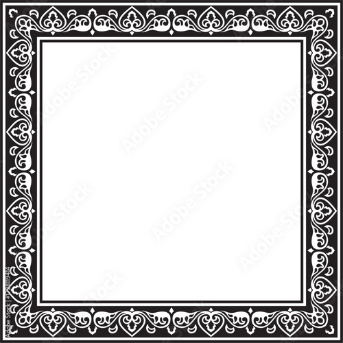 Vector square black monochrome ancient Russian ornament. Slavic rectangle, border, frame. Painting of the royal chambers.