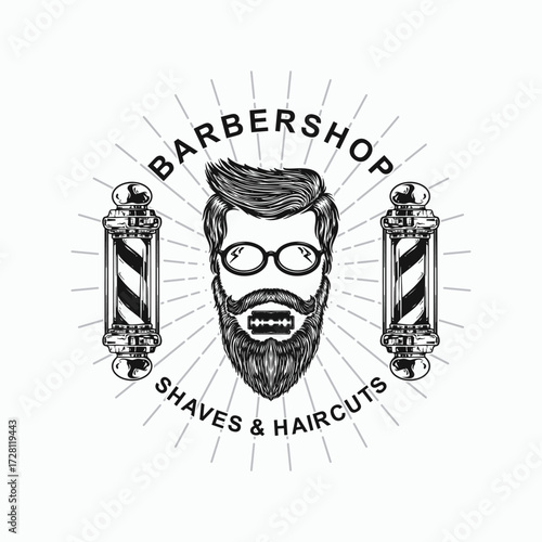 Vintage barbershop emblem with stylish man, razor, and barber poles offering shaves and haircuts for modern gentlemen