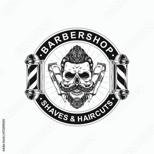 Bold barbershop logo featuring a skull with a stylish haircut, mustache, beard, and clippers, perfect for modern grooming businesses.