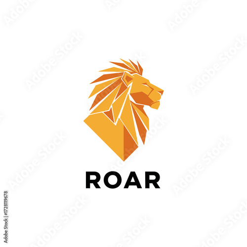 A geometric golden lion head logo with a majestic mane, positioned above the bold black word ROAR.