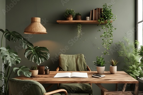 Inviting home office setup with lush plants and natural wood tones creates a tranquil and productive workspace perfect for creative professionals