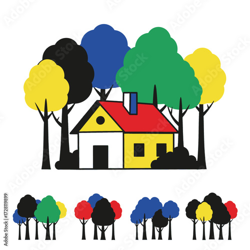 Vector art of colorful house surrounded by abstract trees