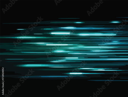 빠르게 움직이는 푸른 빛줄기가 어둠 속에서 미래 지향적인 추상적인 배경을 만듭니다.