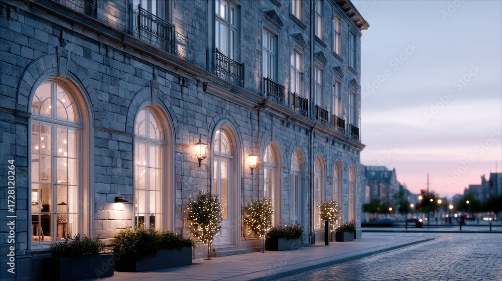 Naklejka premium Historic Stone Building Facade with Arched Windows and Warm Lighting at Dusk