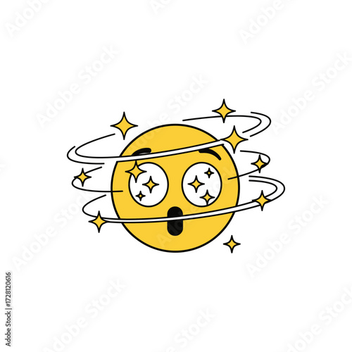 Dizzy emoji isolated on white background, with stars circling its head and mouth open in shock