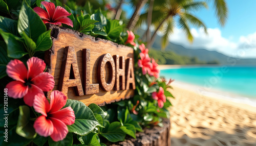 Luxury Hawaiian ALOHA Sign Polished Koa Wood with Tropical Hibiscus Flowers and Beach Bokeh Background