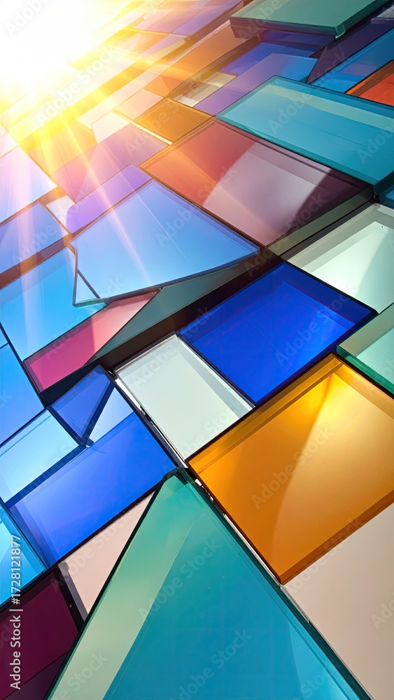Fototapeta premium Abstract Mosaic of Colorful Geometric Shapes Illuminated by Bright Sunlight Rays.