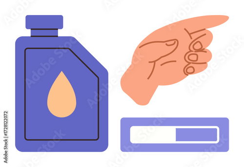 Hand gesturing with finger extended, purple dropper bottle with liquid drop icon, and rectangular test strip. Ideal for health, diagnostics, medical testing, hygiene, self-care, treatment