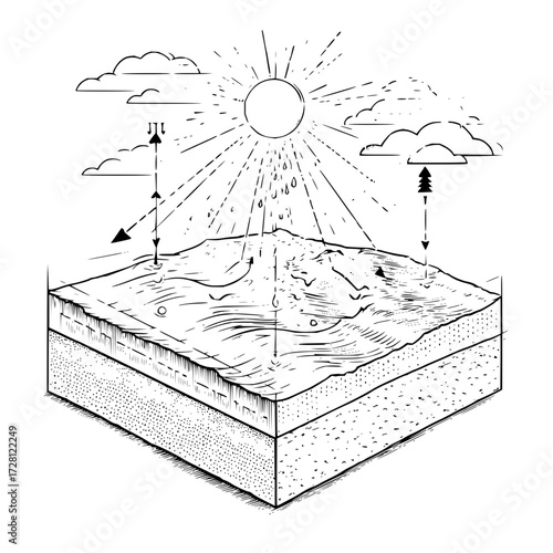 Water cycle diagram showing evaporation condensation precipitation and collection processes illustration