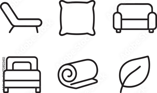Modern home furnishing icons including chaise lounge, pillow, sofa, bed, rolled blanket, and leaf for minimalist interior design concepts