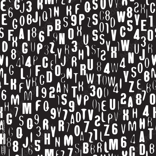Abstract seamless pattern consisting of font. Vector background with capital English Latin letters and handwritten text. Wallpaper, wrapping paper, t-shirt design, fabric, textile. No ai