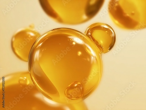 Close-up of golden, translucent liquid droplets with reflective surfaces and soft lighting