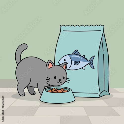A cute gray cat eagerly eating from a food bowl next to a large bag of fish-flavored cat food.