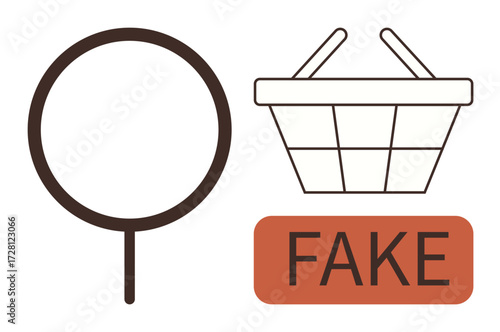 Magnifying glass examining shopping basket, highlighting a fake label. Ideal for counterfeit detection, product quality, consumer rights, online shopping, authentication, security scams. Simple flat