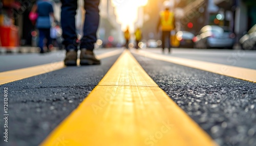 Wallpaper Mural A close-up view on an asphalt road, emphasizing the yellow lane divider, with blurred pedestrians and sunlight Torontodigital.ca