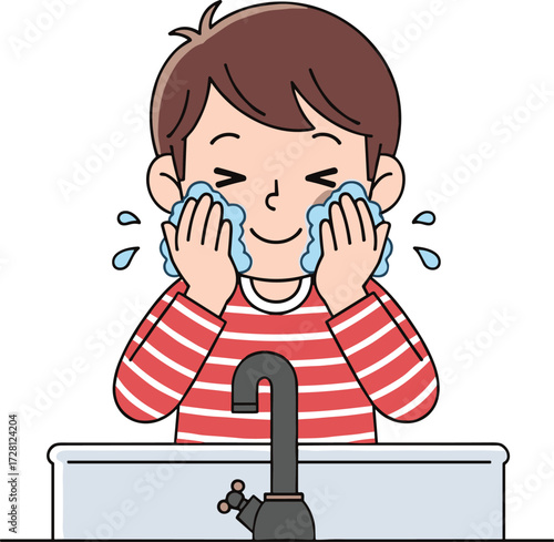 Cartoon boy washing face at bathroom sink, splashing water, morning hygiene routine, clean hands, healthy habit illustration for kids education