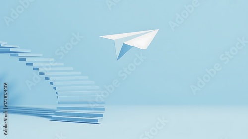 Paper airplane flying above a curved staircase on a soft blue background depicting growth and progress