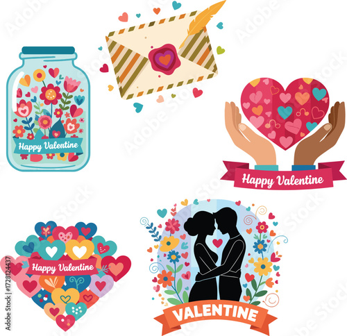 A vibrant collection of Valentine's Day themed illustrations featuring a jar of flowers, a love letter, hands holding a heart, a heart-shaped arrangement of ...