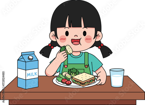 Happy little girl eating healthy vegetables sandwich with milk, cute child enjoying nutritious breakfast lunch meal, cartoon vector illustration for kids