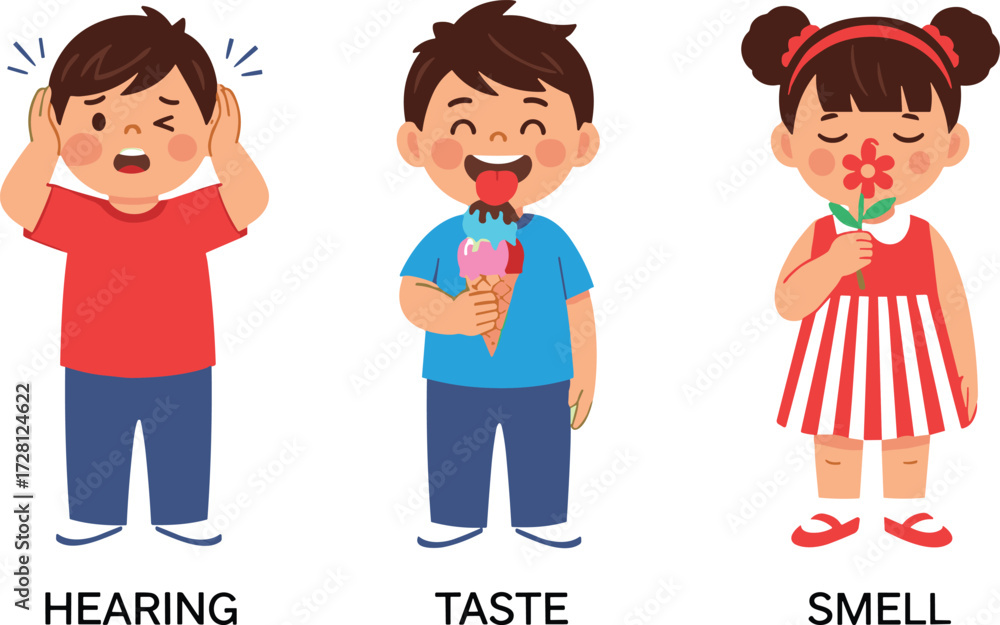 Obraz premium Three senses illustration, children showing hearing taste smell, kids learning sensory science, educational poster for classroom, school teaching resource, human senses education