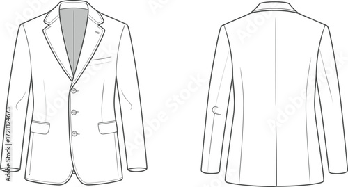 Blank men blazer mockup front and back view, formal suit jacket template, fashion clothing design, business wear apparel illustration isolated