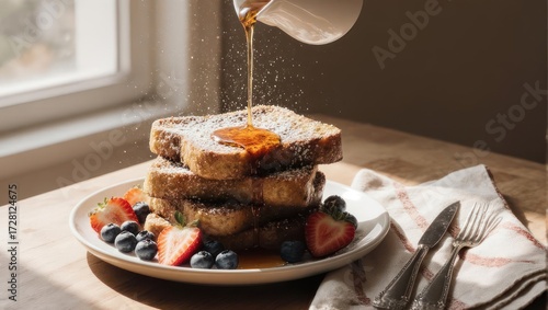 Stacked French toast drizzled with syrup