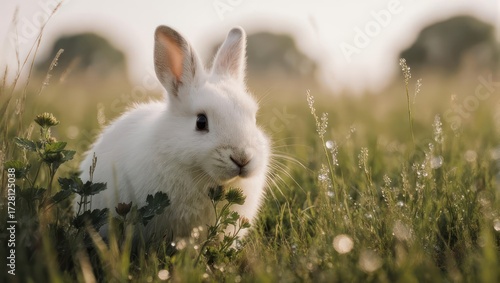 A small, white rabbit in a grassy field at dawn