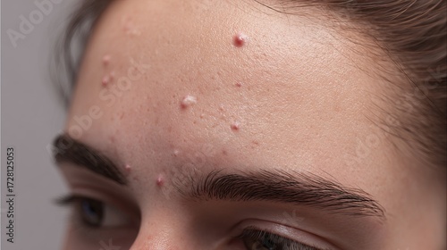 Ultra-Detailed Close-Up of Forehead Skin with Pimples, Oily Texture and Enlarged Pores