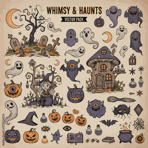 Whimsical Halloween illustration featuring spooky ghosts, grinning pumpkins, a witch, a haunted mushroom house, gravestones, and crescent moons, evoking a pl...