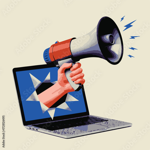 Digital Disruption A Hand Emerges From a Laptop Screen Holding a Megaphone Symbolizing Loud Voices and Online Activism