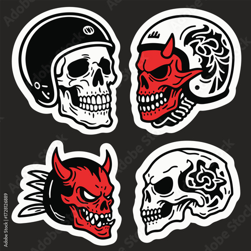 Old School Tattoo Style Biker Skull and Devil Head Vector Set